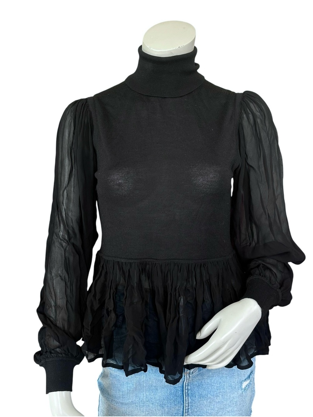 Ulla Johnson Black Thin Wool Silk Blend Turtleneck Peplum Flowy Sleeves Small